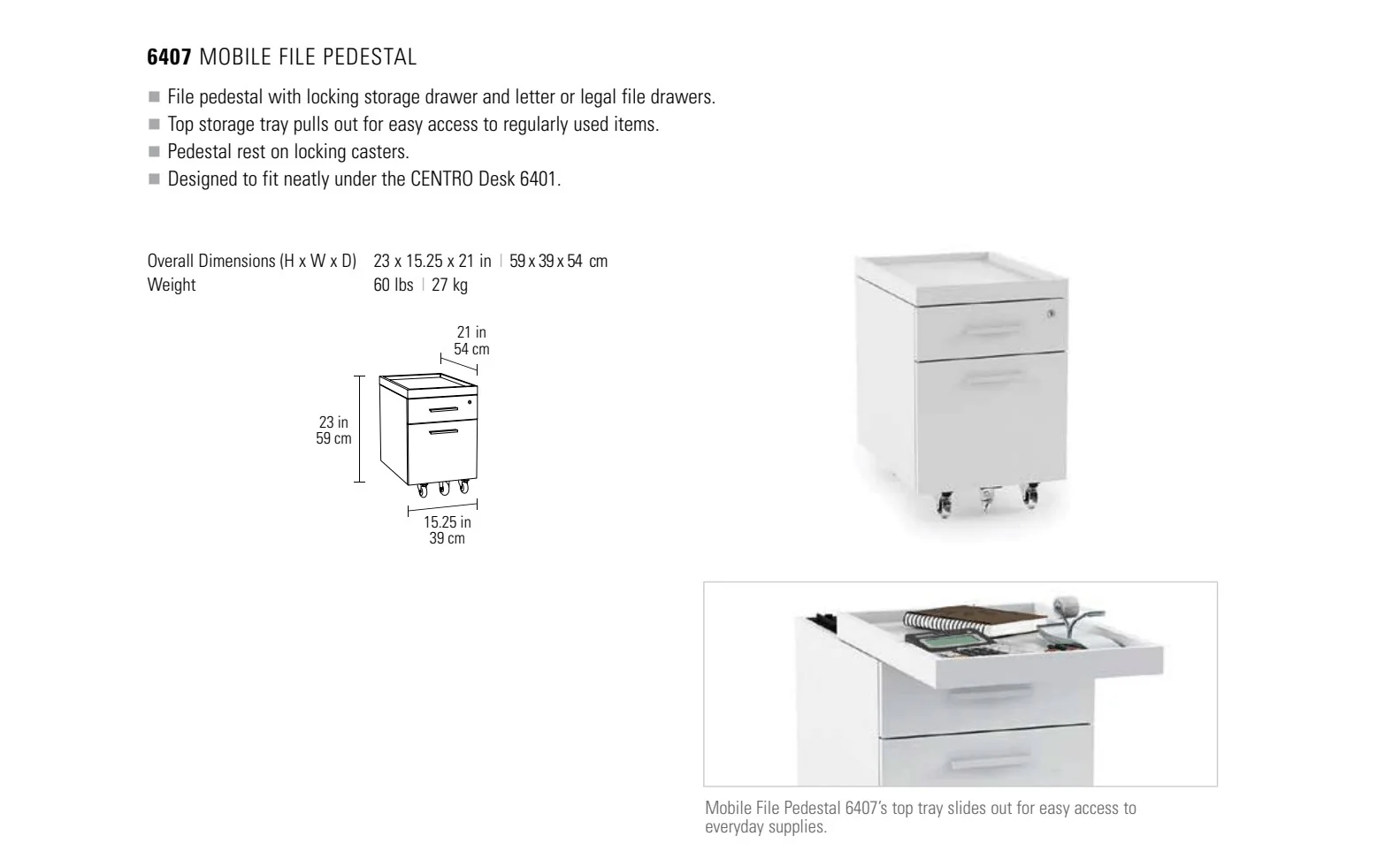 BDI Centro 6407 Mobile Storage & File Pedestal (White) - Image 5