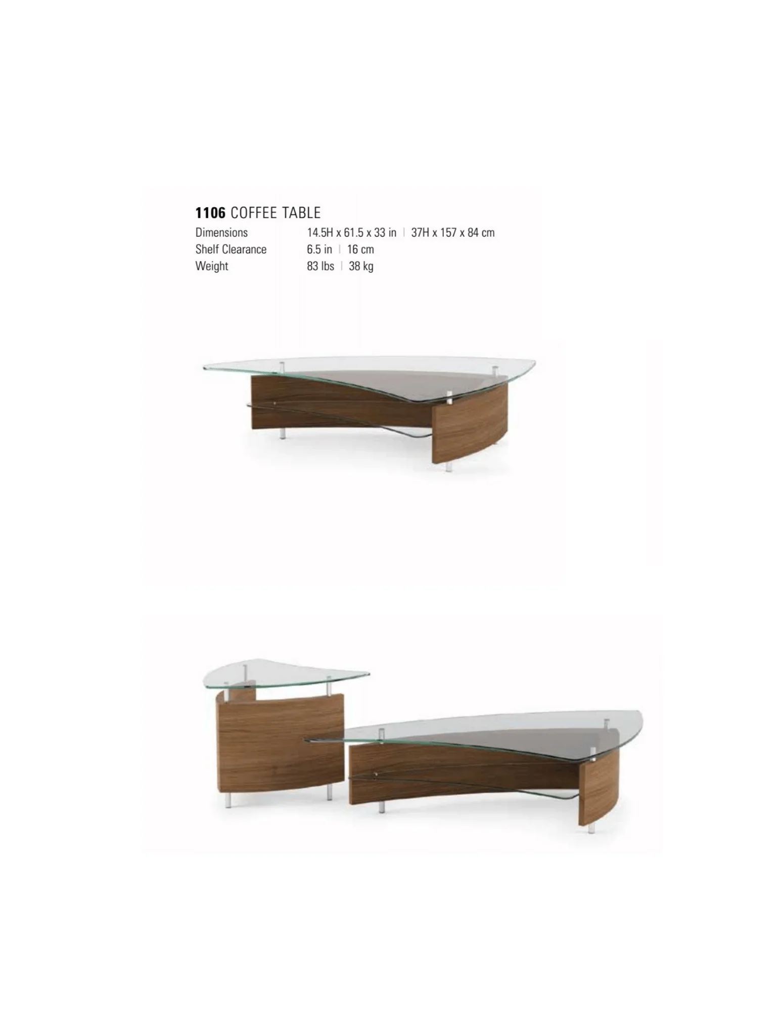 BDI Fin 1106 Modern Glass Coffee Table (Natural Walnut) - Image 6
