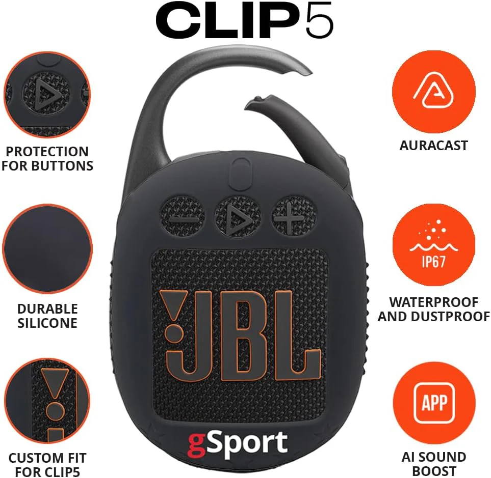 JBL Clip 5 Ultra Portable Bluetooth Speaker Bundle with gSport Silicone Sleeve (Black) - Image 2